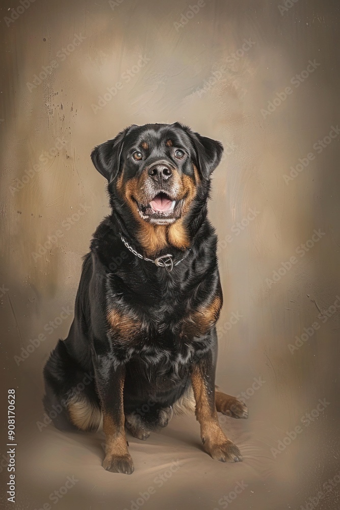 Close-up of a Rottweiler dog with expressive eyes on beige background. Close-up of a Rottweiler dog with expressive eyes on beige background.