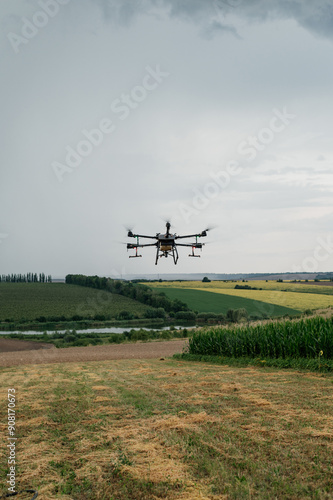 Agrodrone sprayer sprays sunflower fields, precision farming, the latest agriculturethe. Drone - new technology in farming.