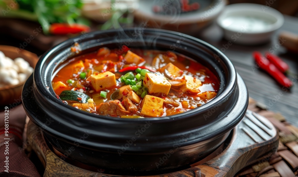 Authentic Korean Doenjang Jjigae with Tofu and Vegetables Cooked in a Clay Pot. Concept Korean Cuisine, Doenjang Jjigae Recipe, Tofu and Vegetables, Korean Clay Pot Cooking, Authentic Korean Authentic Korean Doenjang Jjigae with Tofu and Vegetables Cooked in a Clay Pot. Concept Korean Cuisine, Doenjang Jjigae Recipe, Tofu and Vegetables, Korean Clay Pot Cooking, Authentic Korean
