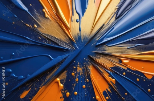 orange, gold and blue oil paint strokes, abstract 3d background photo