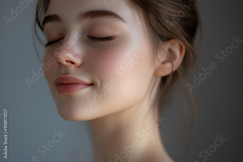 A close up of a girl's face with her eyes closed