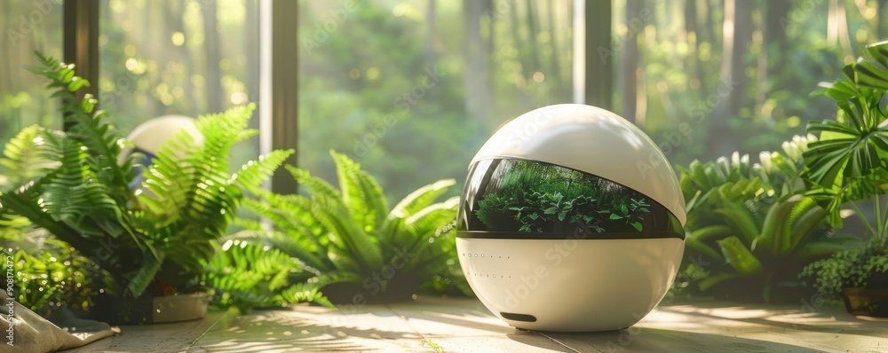 White spherical planter with green plants inside, on a wooden surface with greenery in the background. White spherical planter with green plants inside, on a wooden surface with greenery in the background.
