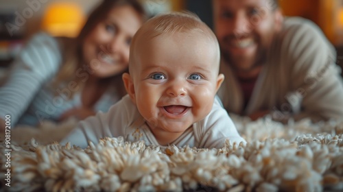 An ultra-sharp image of a baby taking their first steps towards their laughing parents in a cozy den, the parents' joy and the warm, inviting home environment perfectly captured photo