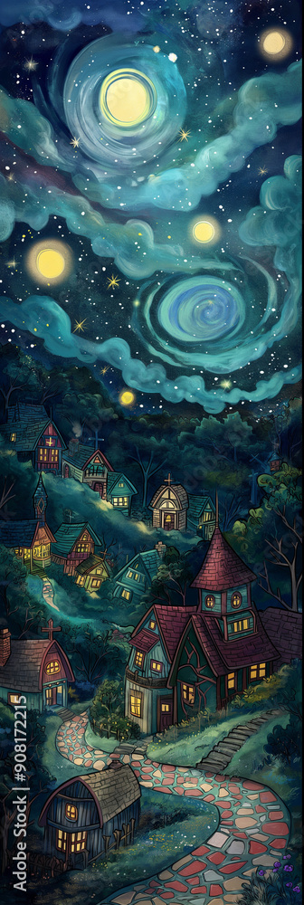 Fototapeta premium Whimsical village bookmark
