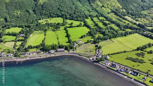 Aerial View of St Patrick & St Bridgid Rc Church Glenariff Glen at Waterfoot Village Co Antrim Northern Ireland sunny day  photo