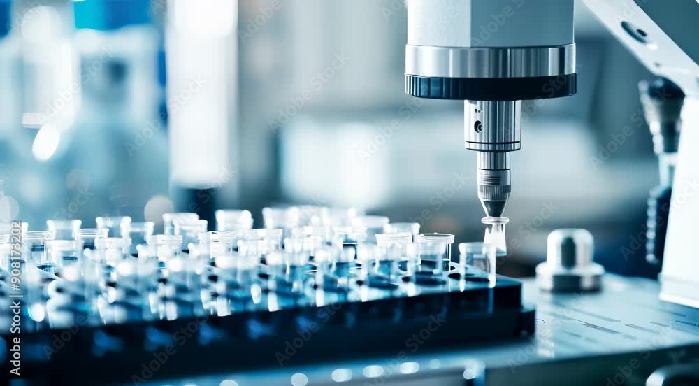 Close-up of an automated laboratory machine analyzing samples in small plastic vials, illustrating advanced technology in scientific research and healthcare. Close-up of an automated laboratory machine analyzing samples in small plastic vials, illustrating advanced technology in scientific research and healthcare.