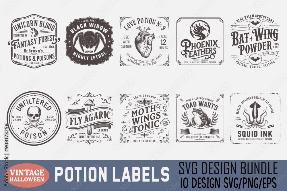 Obraz premium Vintage Halloween Potion Label Bundle