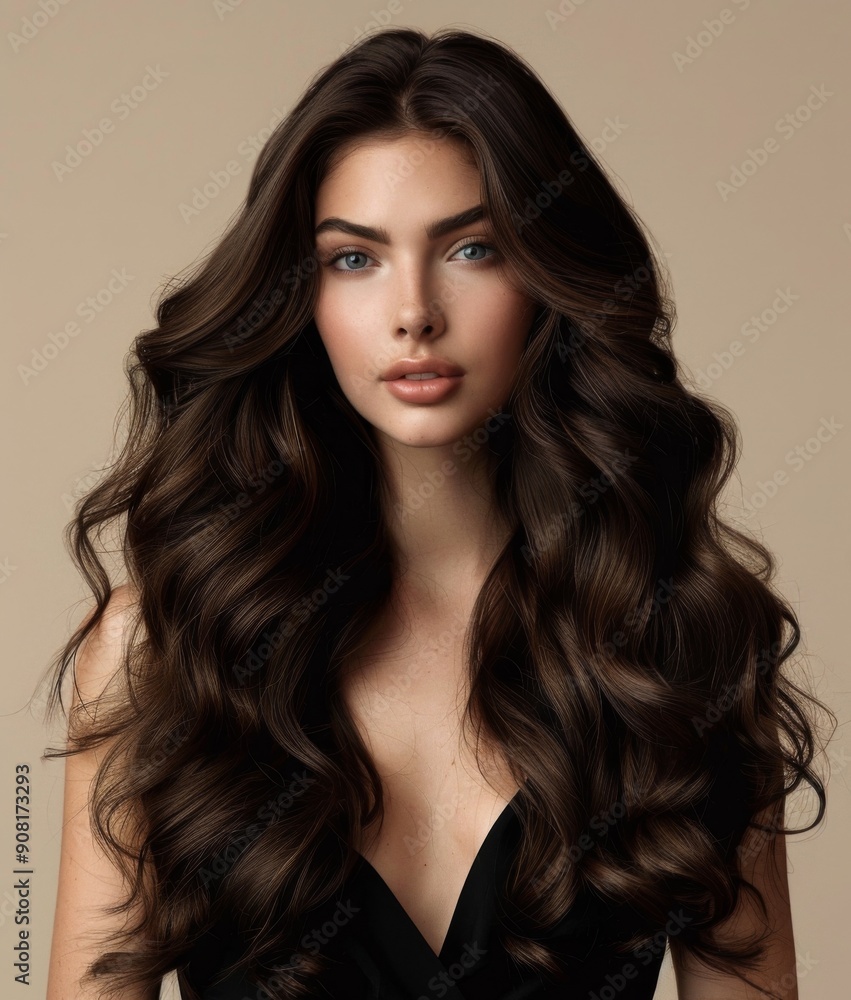 Fototapeta premium Confident Model with Long, Wavy Dark Brown Hair on Neutral Background, Showcasing Hair Products with Radiant Smile
