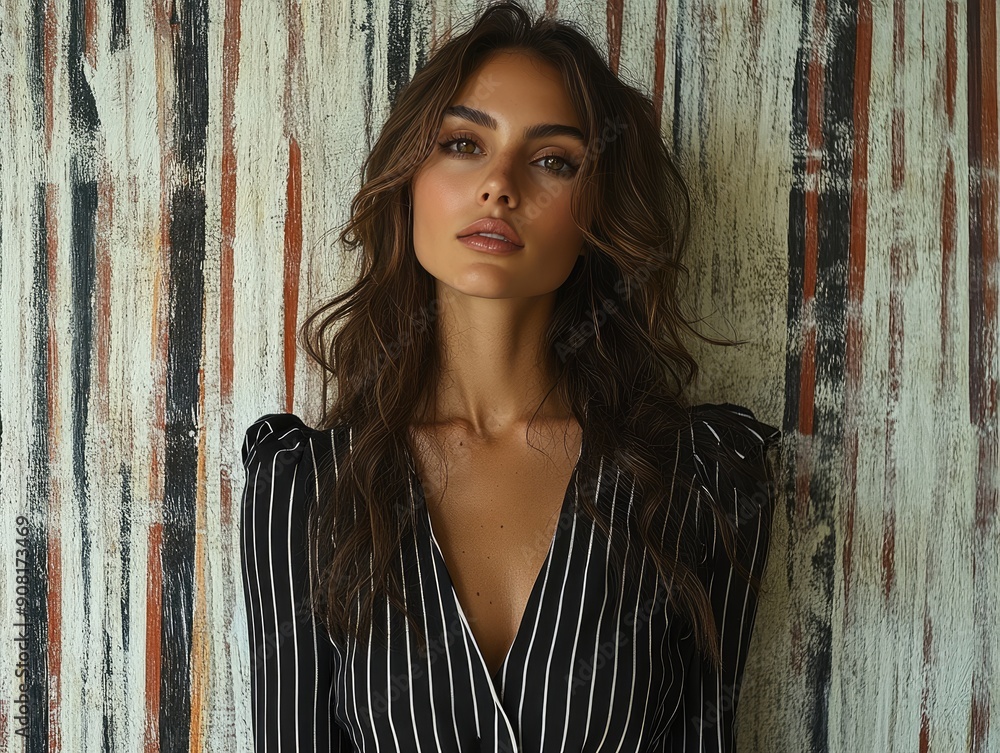 Young slim pretty latina woman with long wavy hair wearing stylish long stripped black and white dress Young slim pretty latina woman with long wavy hair wearing stylish long stripped black and white dress