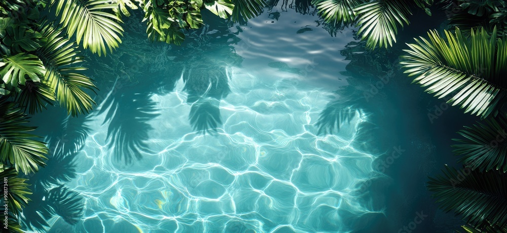 Fresh and clean blue water with tropical leaves background. Template, postcard image, ready to text copy paste. Tropical vibes.