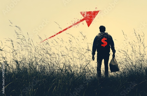 Man holding money sack, bag and in jacket, hoodie with red dollar sign on the back stands looking at windy field, meadow during storm and red arrow up in sky