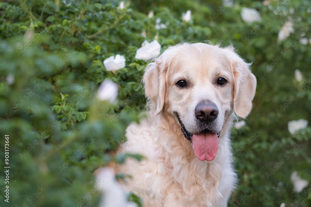 Portrait of a dog against a background of flowering trees. Cute golden retriever sitting in flowers. Portrait of a dog against a background of flowering trees. Cute golden retriever sitting in flowers.