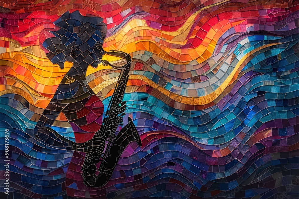 A vibrant and colorful background with silhouette of a woman playing saxophone. A vibrant and colorful background with silhouette of a woman playing saxophone.