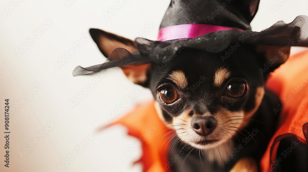 Black and tan chihuahua is posing for a festive portrait wearing a witch hat costume. The little dog has big brown eyes Black and tan chihuahua is posing for a festive portrait wearing a witch hat costume. The little dog has big brown eyes