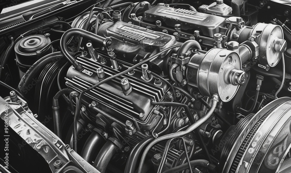 Detailed pencil sketch of a car engine, showcasing intricate mechanics