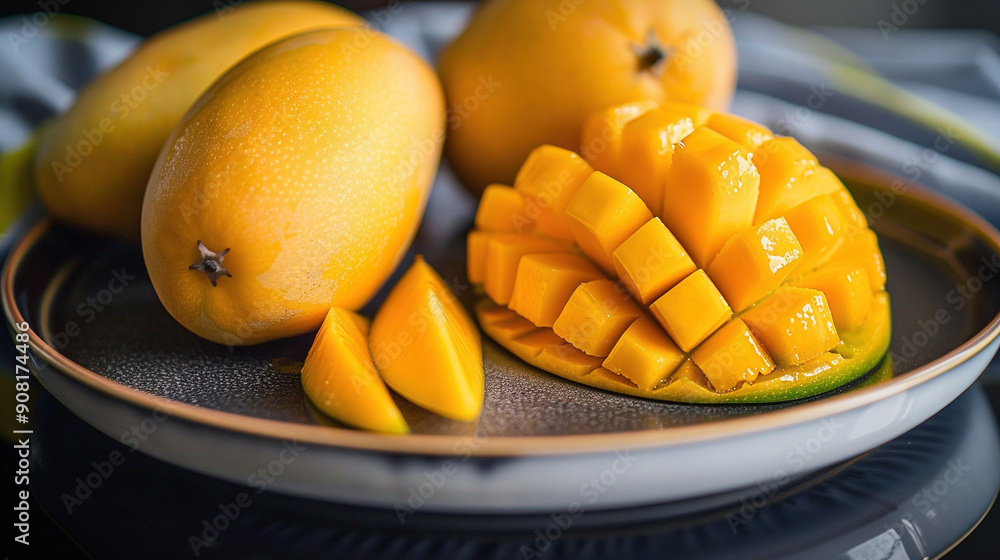 A close-up of a fruit platter featuring mangoes and halved mangoes A close-up of a fruit platter featuring mangoes and halved mangoes