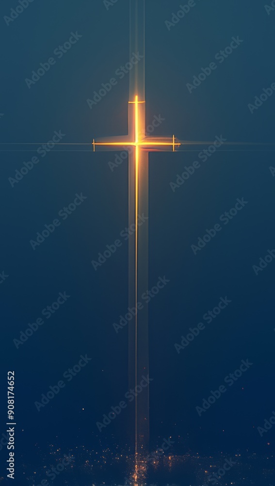 Sacred Cross with Glowing Light Effects on Dark Blue Background, Golden Halo, and Minimalist Design for Christian Event Poster Sacred Cross with Glowing Light Effects on Dark Blue Background, Golden Halo, and Minimalist Design for Christian Event Poster