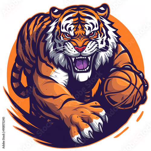 Basketball Bengal Tiger Head with Stripes and Intense Eyes Logo 