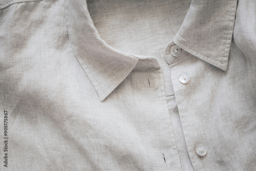 Top view to gray linen shirt. Sustainable, eco-friendly fashion Top view to gray linen shirt. Sustainable, eco-friendly fashion