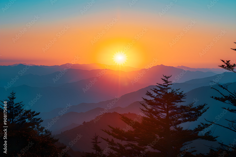 Fototapeta premium Serene Sunrise over Mountain Landscape with Pine Trees Silhouetted Against a Radiant Backdrop