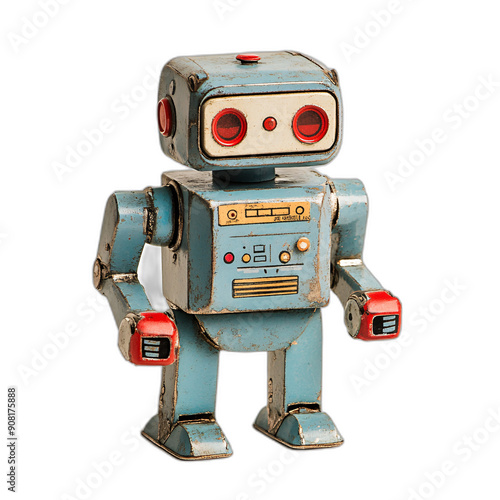 Retro Toy Robot on White Background - Nostalgic Futuristic Concept for Kids Play or Robotics Education photo