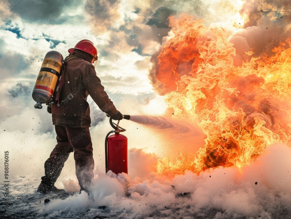 Obraz premium Firefighter Extinguishing Flames With Fire Extinguisher During Dramatic Emergency Response Training