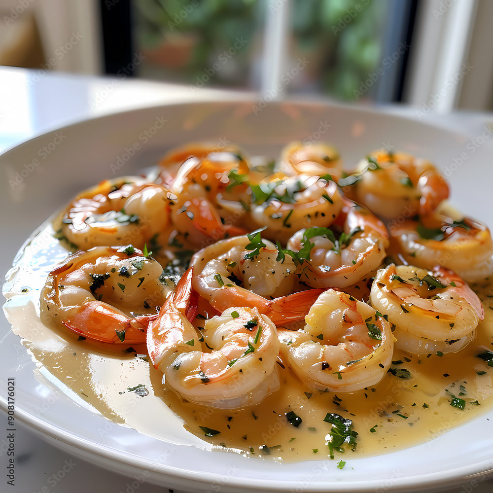 Shrimp Scampi Francese elegantly plated in a white dish Shrimp Scampi Francese elegantly plated in a white dish