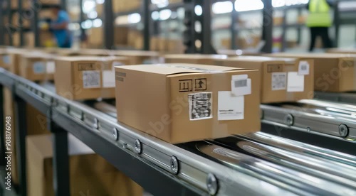 Cardboard packages with barcodes and QR codes moving on a conveyor belt in a warehouse setting, highlighting the process of logistics and automated sorting systems.