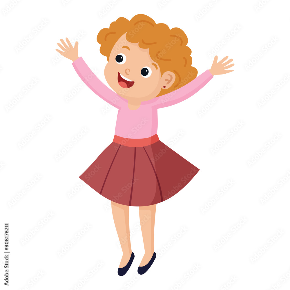 Cheerful jumping girl. fair-skinned. Back to school, kindergarten, girl happy, smiling. Illustration for education, holiday. On transparent background. Cheerful jumping girl. fair-skinned. Back to school, kindergarten, girl happy, smiling. Illustration for education, holiday. On transparent background.