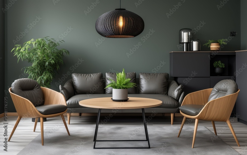 A stylish Scandinavian dining room features a cozy leather sofa, minimalistic chairs, and a wooden table accentuated by a greenery centerpiece A stylish Scandinavian dining room features a cozy leather sofa, minimalistic chairs, and a wooden table accentuated by a greenery centerpiece