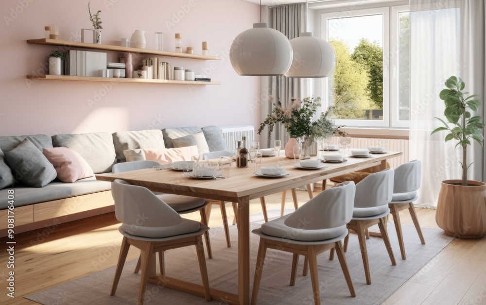 The dining room showcases a Scandinavian design with a wooden table, light chairs, and stylish decor, illuminated by natural light streaming through the window The dining room showcases a Scandinavian design with a wooden table, light chairs, and stylish decor, illuminated by natural light streaming through the window