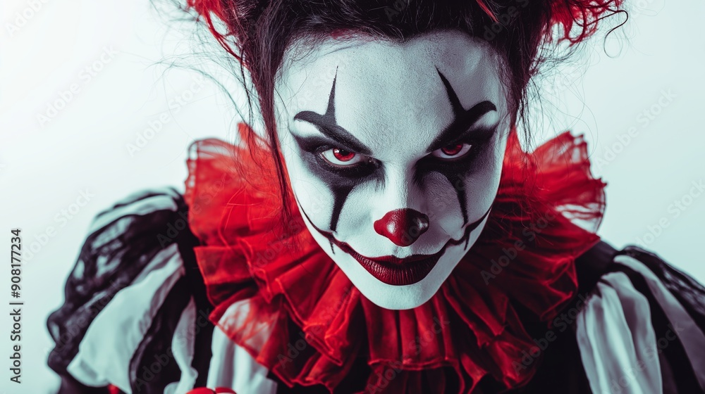 Woman with scary clown makeup is wearing a red and black costume and posing for a picture. Her makeup is dramatic and she has a sinister expression Woman with scary clown makeup is wearing a red and black costume and posing for a picture. Her makeup is dramatic and she has a sinister expression