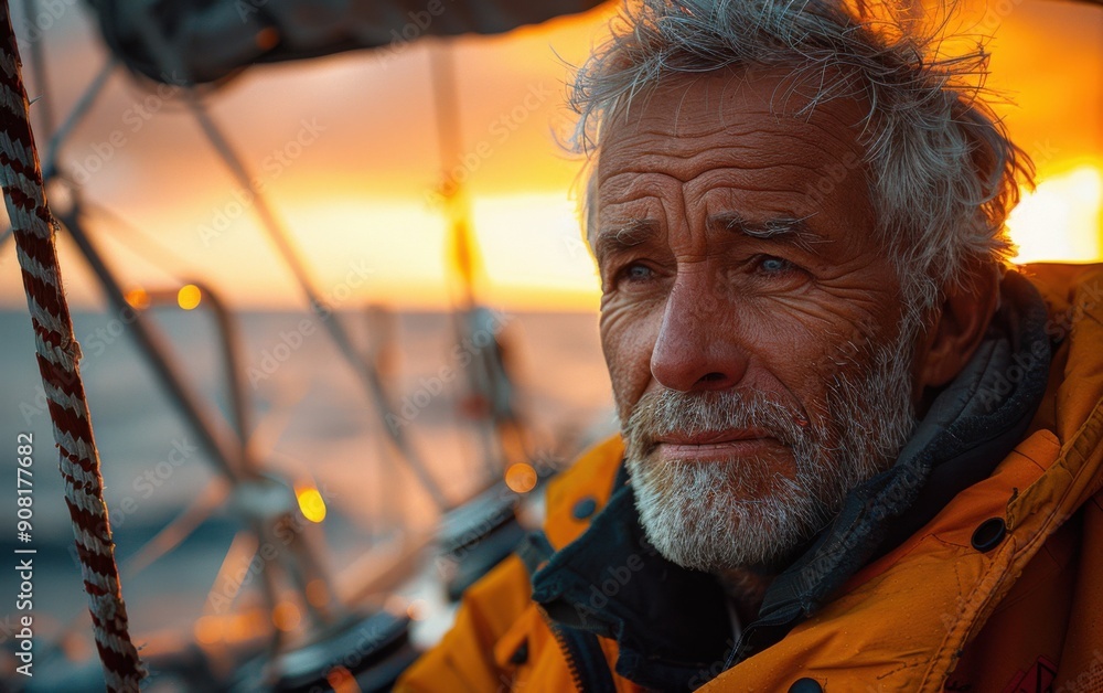 An adult man relishes the tranquility of a sunset cruise, surrounded by stunning orange and yellow hues over the water An adult man relishes the tranquility of a sunset cruise, surrounded by stunning orange and yellow hues over the water