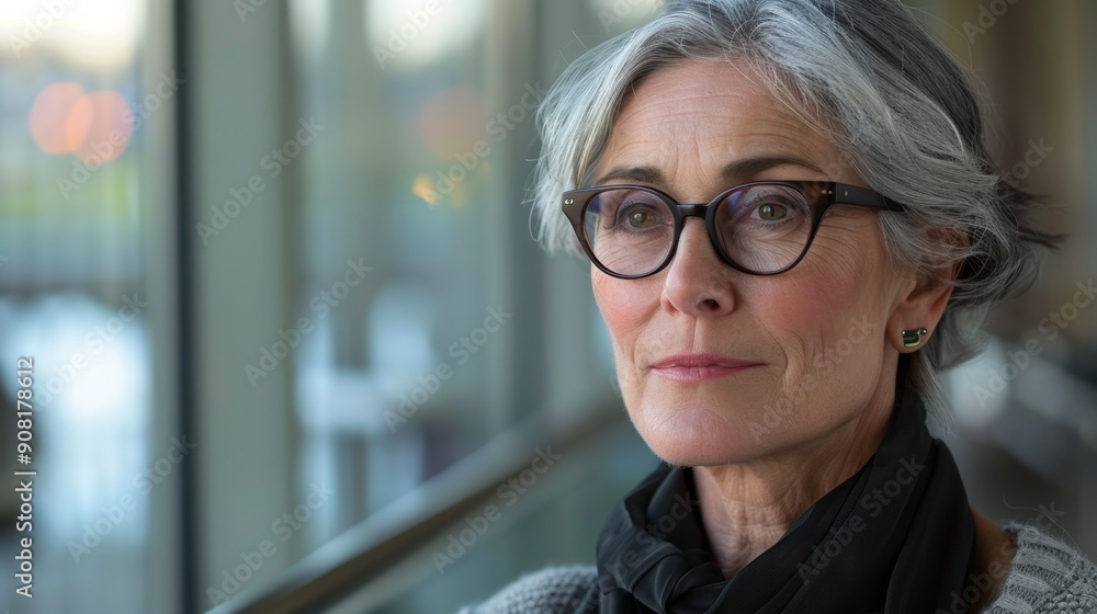 A Woman in Glasses with a Reflective Gaze, Portrait, Indoor, Close-up, Woman, Glasses, Portrait A Woman in Glasses with a Reflective Gaze, Portrait, Indoor, Close-up, Woman, Glasses, Portrait