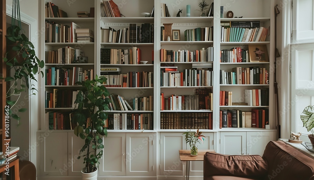Bookshelves with books and plants in cozy living room at home Bookshelves with books and plants in cozy living room at home