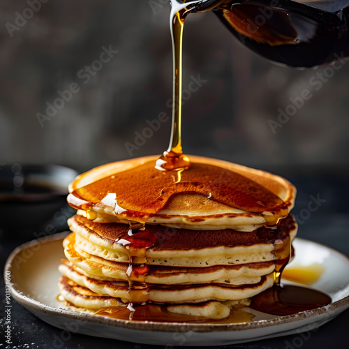 Maple syrup being poured onto a stack of pancakes
