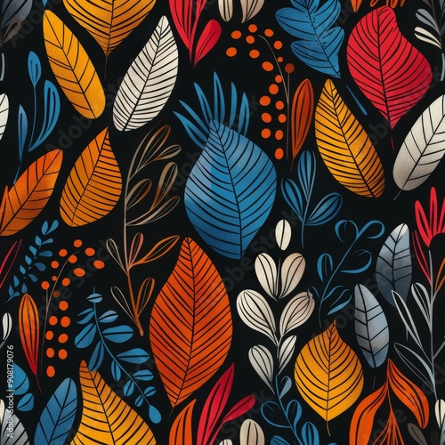 Wallpaper Mural Colorful Leaf Patterns on Black Background in Autumn Aesthetic Torontodigital.ca