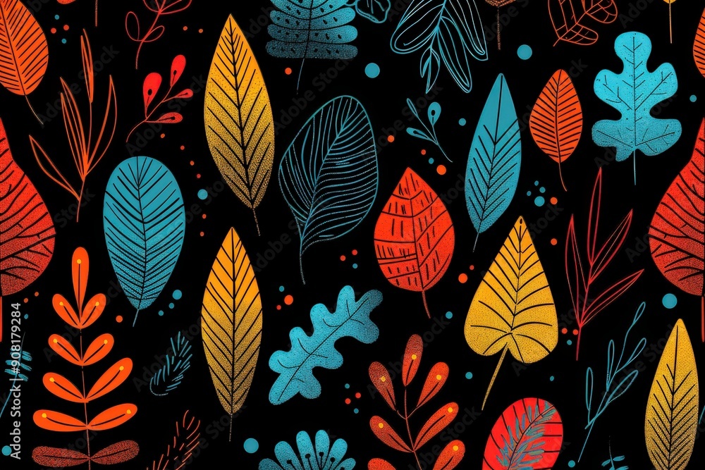 Colorful Leaf Patterns on Black Background in Autumn Design Colorful Leaf Patterns on Black Background in Autumn Design