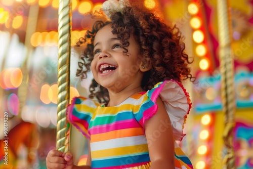 A joyful young girl with a bright smile is captured laughing on a vibrant merry-go-round at an amusement park, radiating happiness and carefree fun