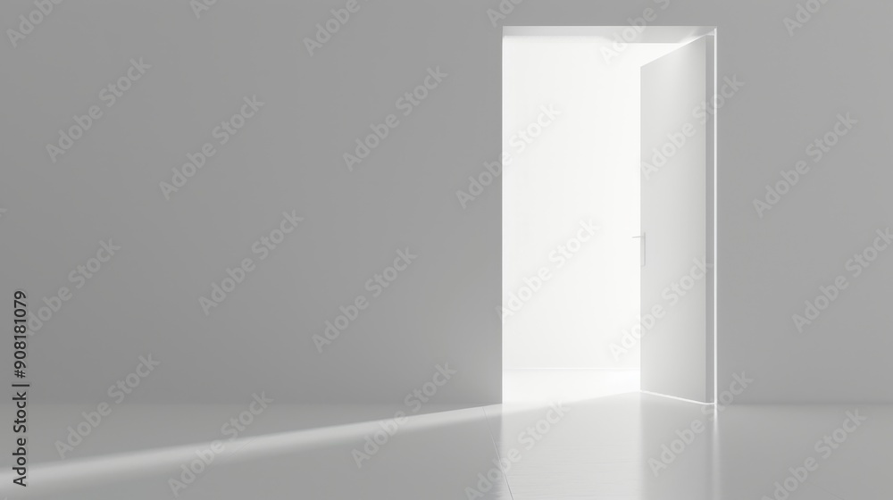 Open Doorway in White Room, 3D Render, Minimalist Interior, Light, Door , white , room Open Doorway in White Room, 3D Render, Minimalist Interior, Light, Door , white , room