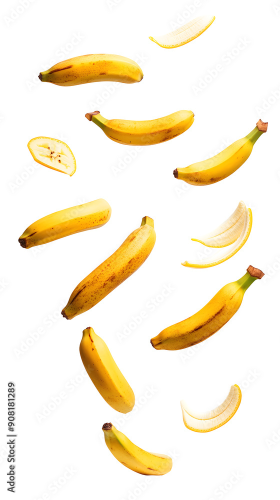 Falling Tropical Bananas isolated on white background, full depth of field, transparent png background Falling Tropical Bananas isolated on white background, full depth of field, transparent png background