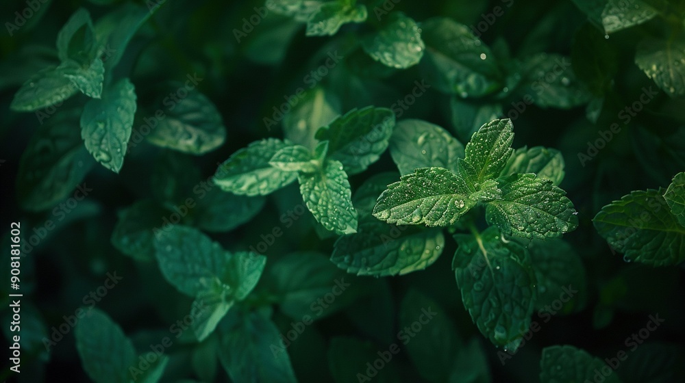   A high-resolution image of a green leafy plant with water droplets on its foliage against a dark backdrop