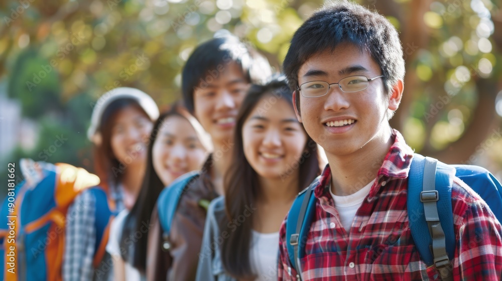 Smiling Teenager with Friends in a Group Photo, Backpack, Plaid Shirt, Happy , Outdoors, Friendship , Youth Smiling Teenager with Friends in a Group Photo, Backpack, Plaid Shirt, Happy , Outdoors, Friendship , Youth