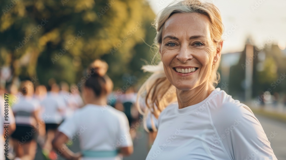 Smiling Woman in White T-Shirt at Outdoor Event, Portrait , Outdoor , Runner , Race Smiling Woman in White T-Shirt at Outdoor Event, Portrait , Outdoor , Runner , Race