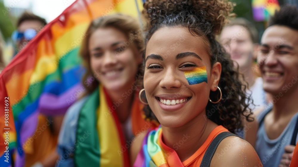 Smiling Woman with Rainbow Flag Makeup at Pride Parade, pride , lgbtq , celebration , diversity Smiling Woman with Rainbow Flag Makeup at Pride Parade, pride , lgbtq , celebration , diversity