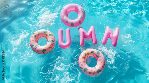 Summer Pool Fun with Pink Inflatable Rings, Summer, Pool, Vacation, Relaxation photo