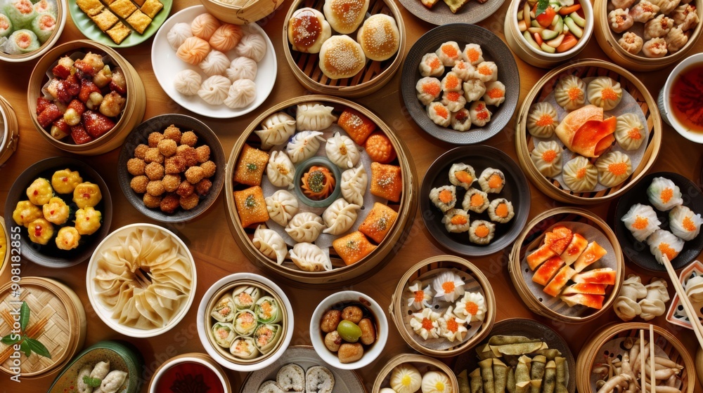 A Bird's Eye View of a Chinese Dim Sum Feast, featuring a variety of steamed and fried dumplings, buns, and other delicacies, dim sum, chinese food, asian cuisine A Bird's Eye View of a Chinese Dim Sum Feast, featuring a variety of steamed and fried dumplings, buns, and other delicacies, dim sum, chinese food, asian cuisine