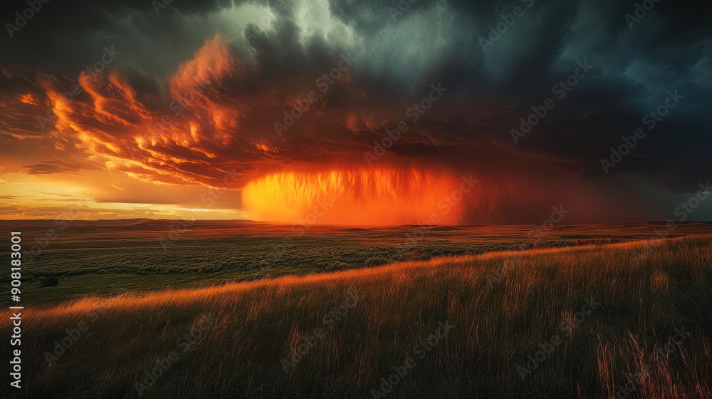Obraz premium Intense Sunset Storm Over Grasslands - Fiery sunset storm with dramatic clouds and vibrant colors over vast grasslands, capturing the raw power and beauty of nature.