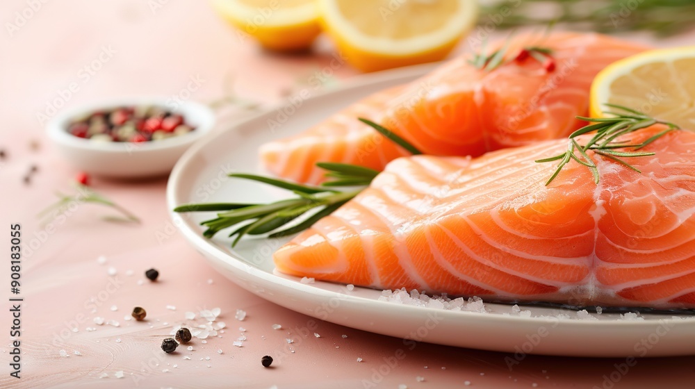 A white plate holds salmon, seasoning, lemon wedges, and a pepper-filled cup A white plate holds salmon, seasoning, lemon wedges, and a pepper-filled cup