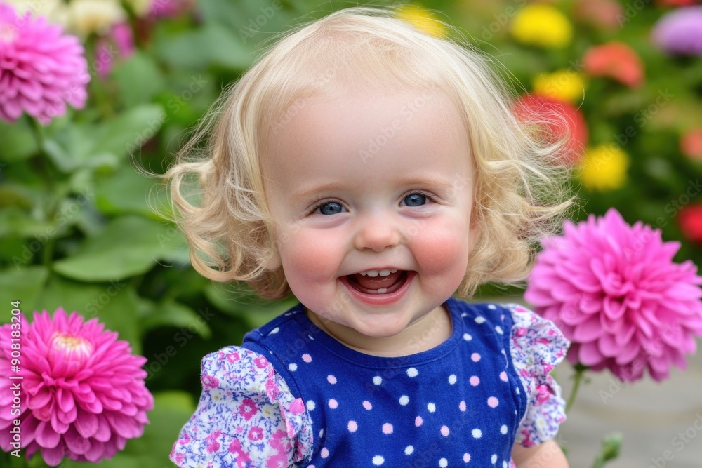 Smiling Toddler in Blue Dress with Polka Dots Surrounded by Colorful Flowers in Garden Smiling Toddler in Blue Dress with Polka Dots Surrounded by Colorful Flowers in Garden